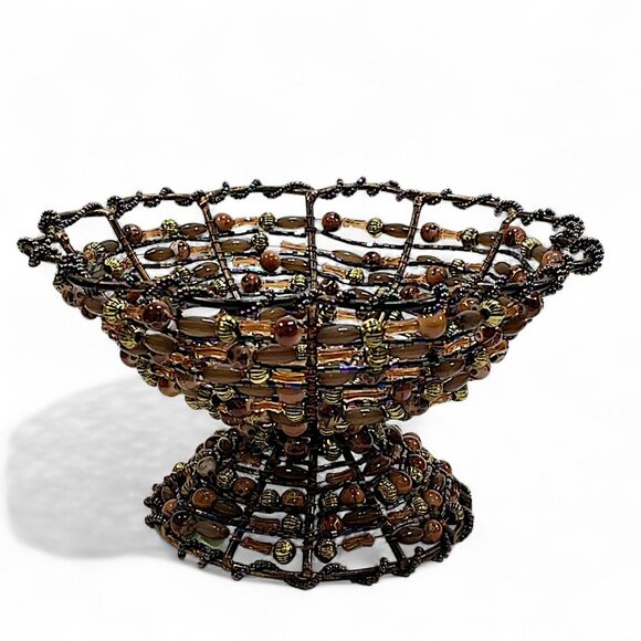 2 Metal Copper Wire Amber Beaded Pedestal Basket Bowl 7” & 4”tall - Picture 3 of 7